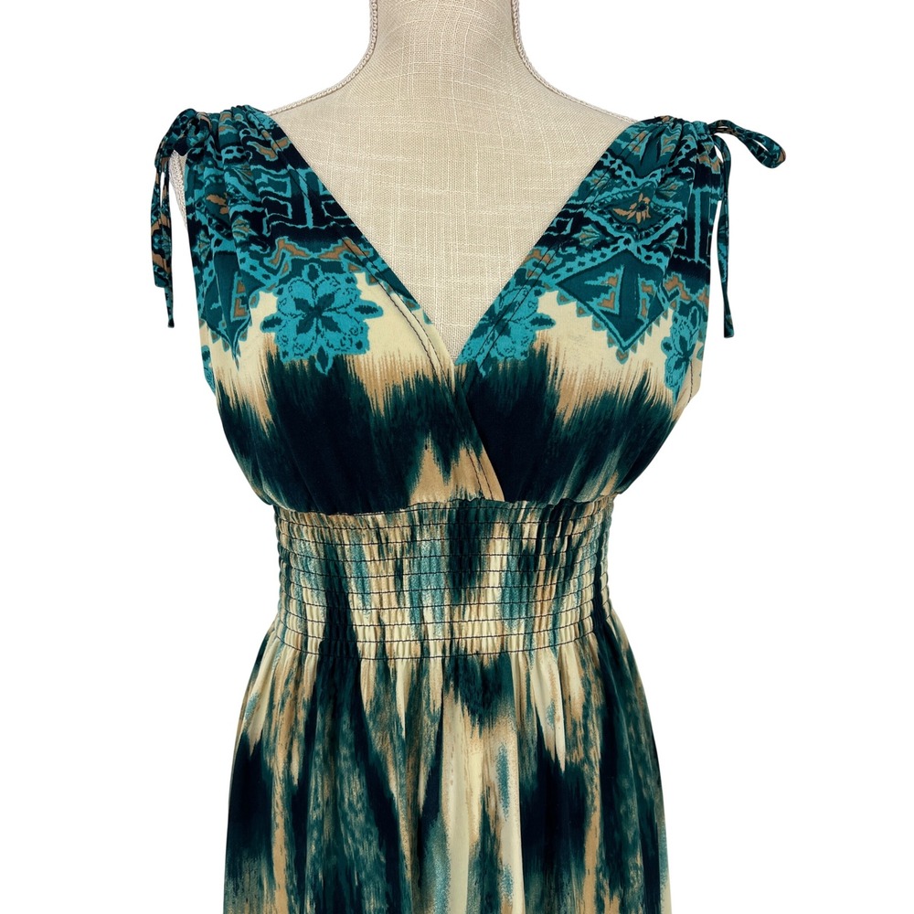 Jon & Anna Maxi Dress Womens Large Teal Blue Ikat Smocked Waist Boho Summer - Picture 2 of 6